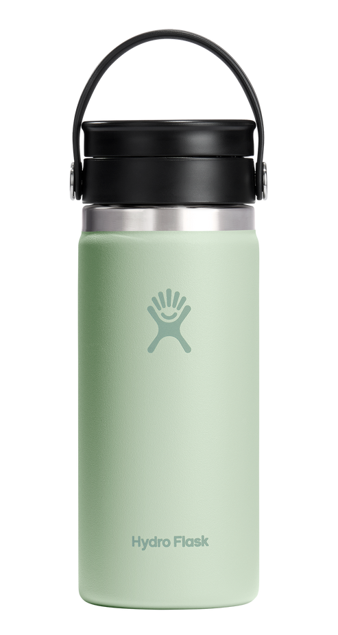 Mint green water bottle with black lid and handle.