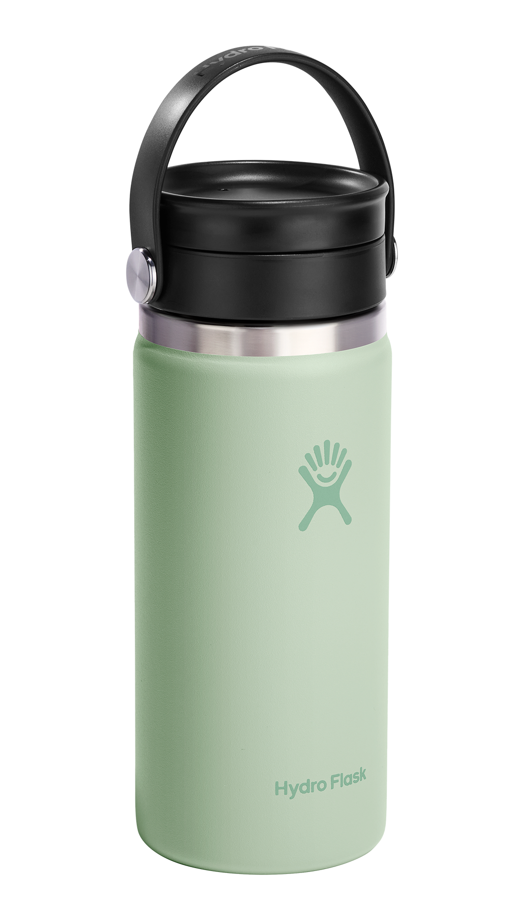 Hydro Flask cylinder in light green with a black top and carrying handle.