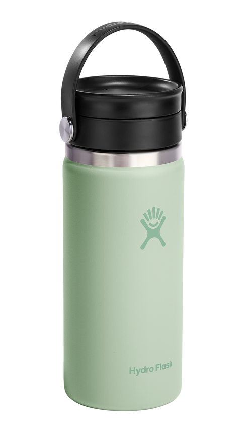 Hydro Flask cylinder in light green with a black top and carrying handle.