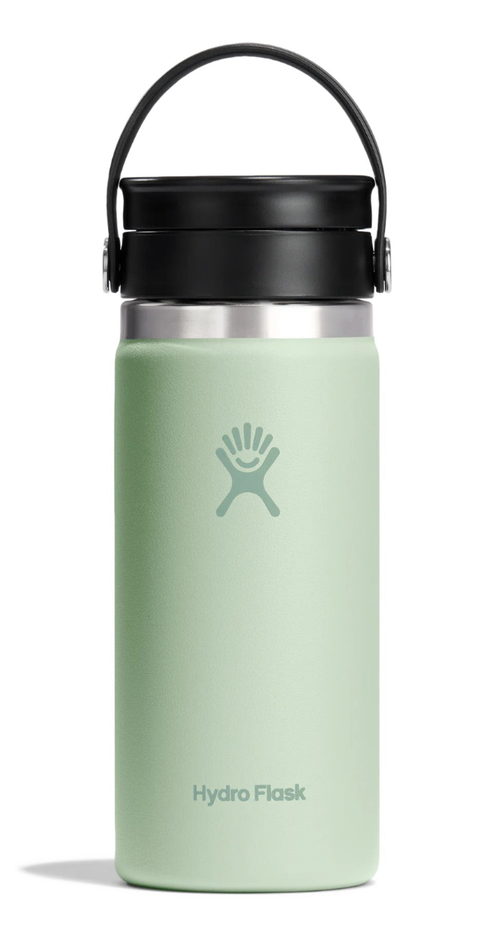 Light green insulated water bottle with a black handle and lid.