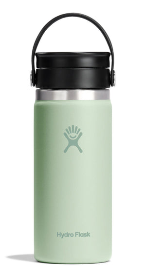 Light green insulated water bottle with a black handle and lid.