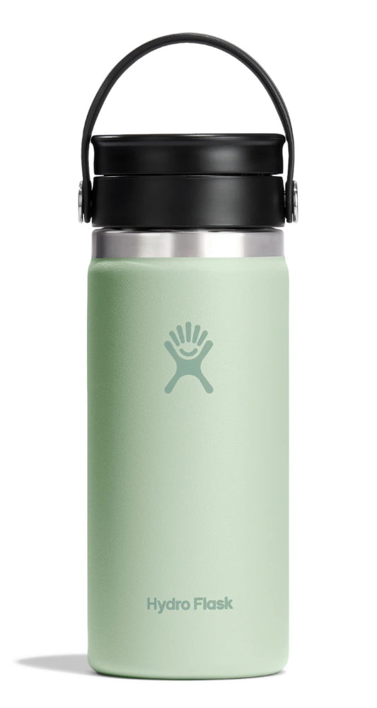 Light green insulated water bottle with a black handle and lid.