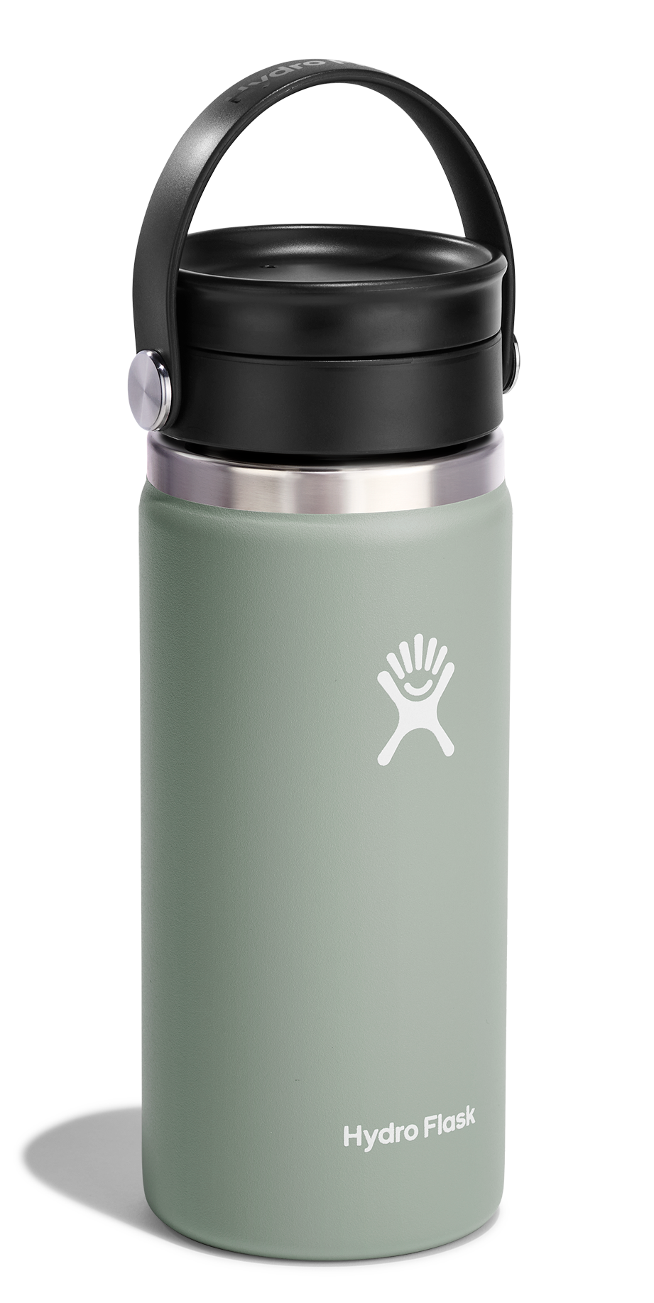 Green water bottle with black lid and carrying handle, with the words 'Hydro Flask' printed on its side.