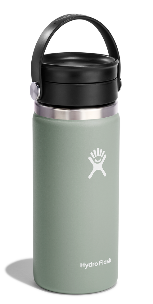 Green water bottle with black lid and carrying handle, with the words 'Hydro Flask' printed on its side.