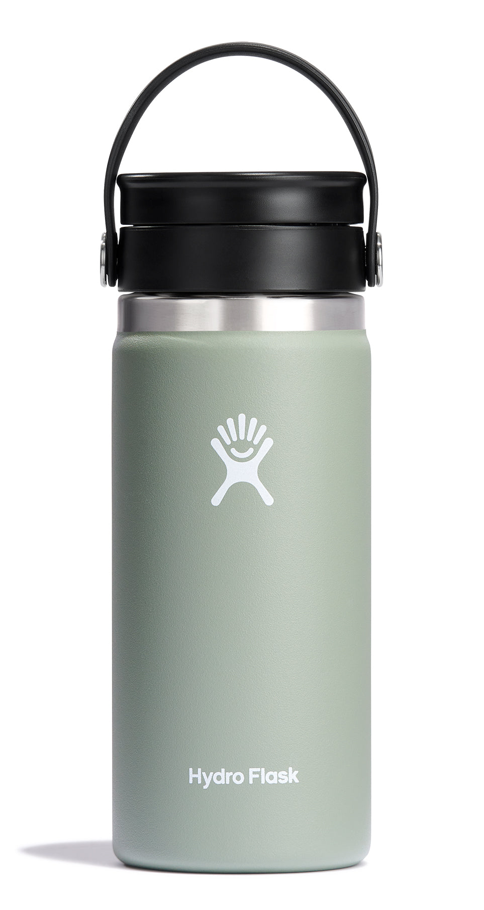 Light green insulated water bottle with black lid and handle; white logo and ‘Hydro Flask’ text on the front.