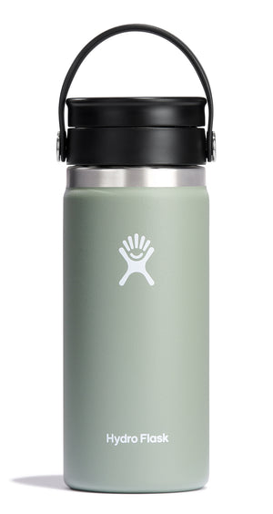 Light green insulated water bottle with black lid and handle; white logo and ‘Hydro Flask’ text on the front.