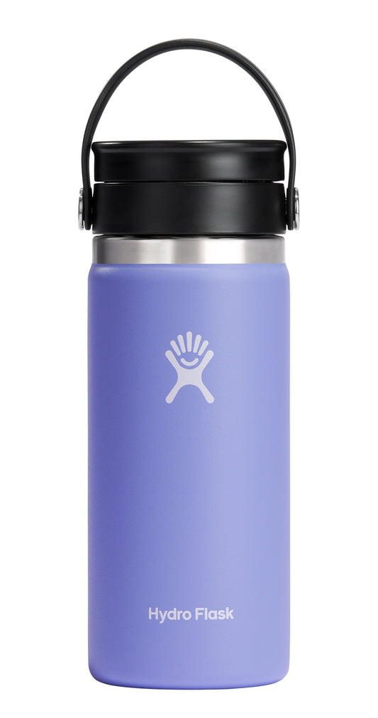 Purple water bottle with a black lid and a handle.