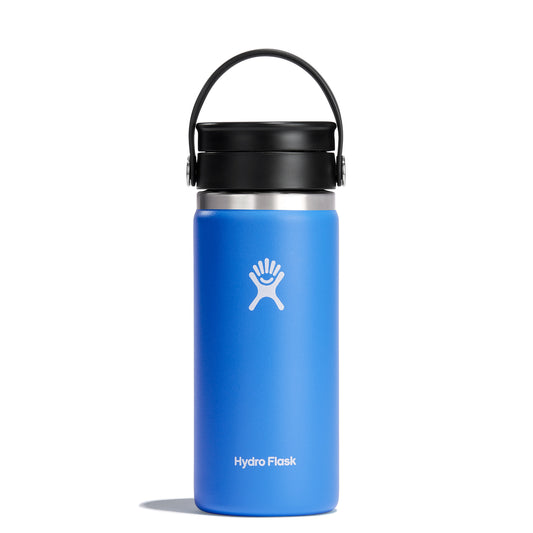 Blue water bottle with a black lid and carrying strap, and a white wave logo on the side.