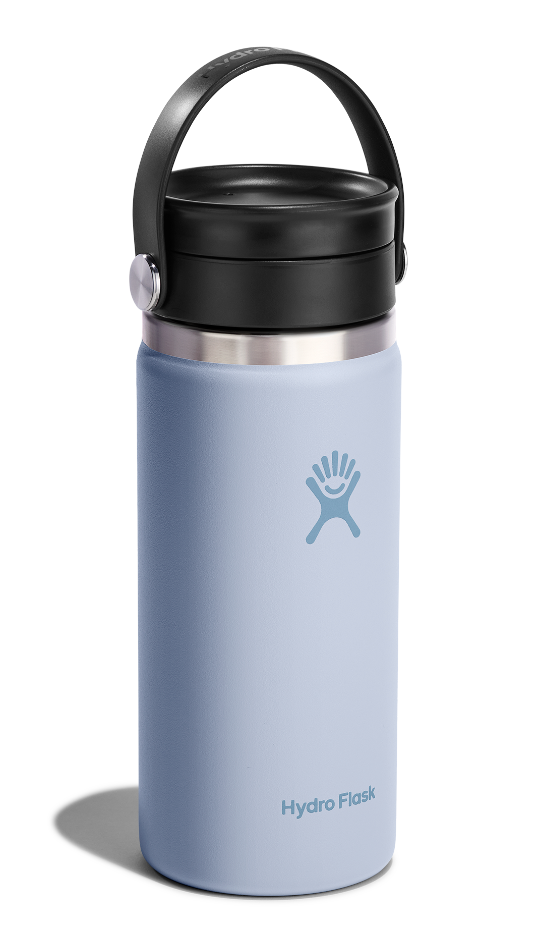 Light blue water bottle with black lid and handle. The text Hydro Flask is visible on the side.