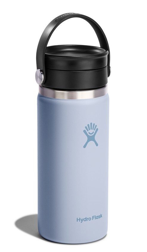 Light blue water bottle with black lid and handle. The text Hydro Flask is visible on the side.