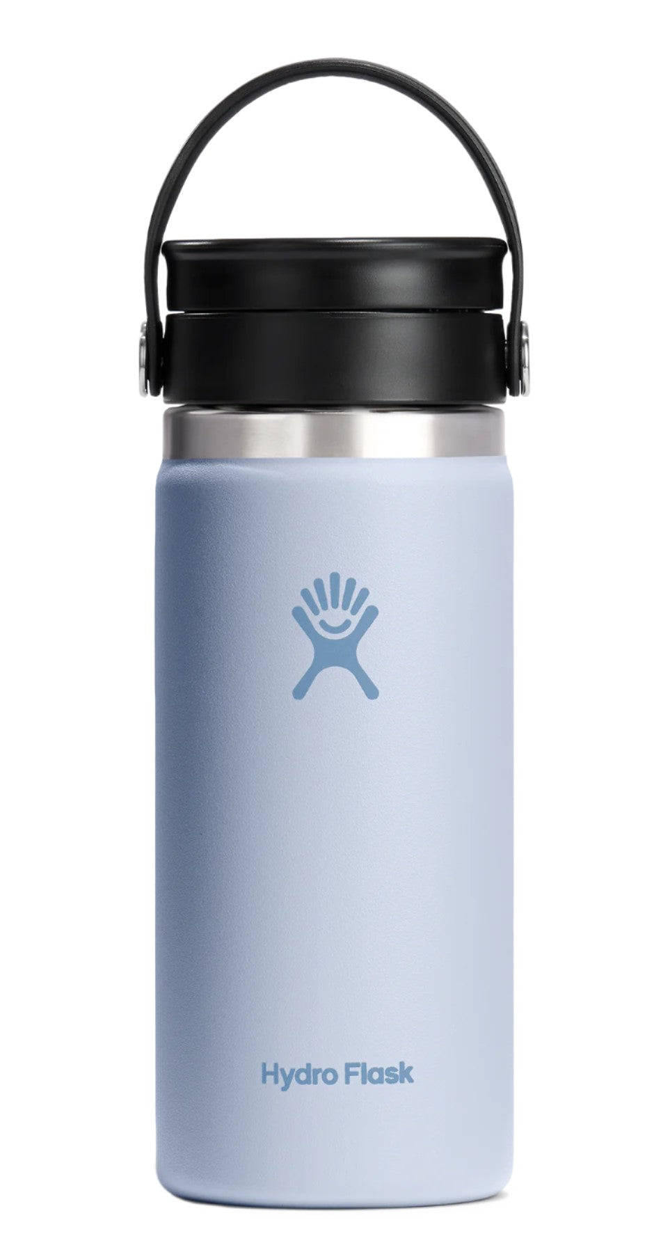 Blue insulated bottle with a black cap and handle.