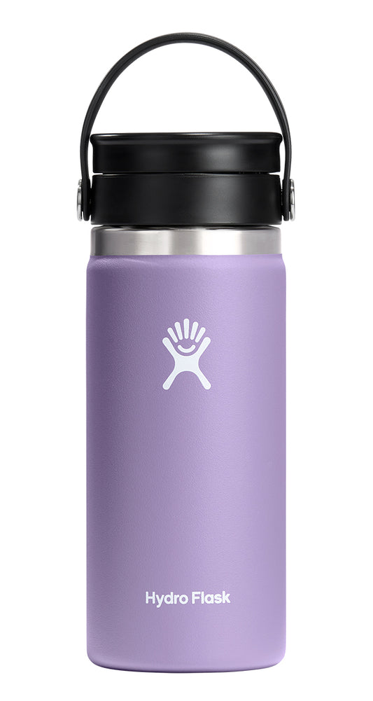 A lavender water bottle with a black lid and handle. The words "Hydro Flask" are printed on the bottle.