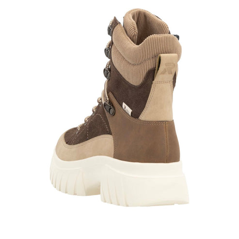 Brown lace-up ankle boot with chunky white sole.