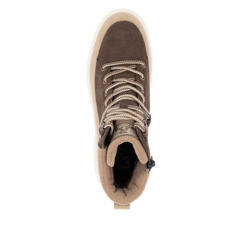 Top-down view of a brown high-top boot with laces and a side zipper.