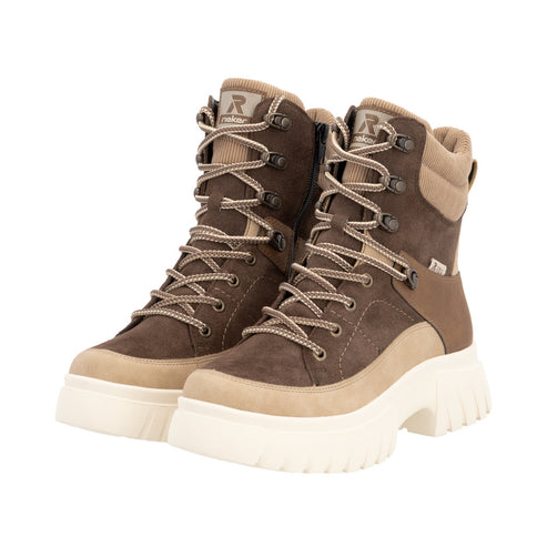 Pair of brown and tan lace-up boots with white platform soles.