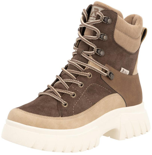 Brown lace-up boot with a thick white platform sole and a high, padded ankle.