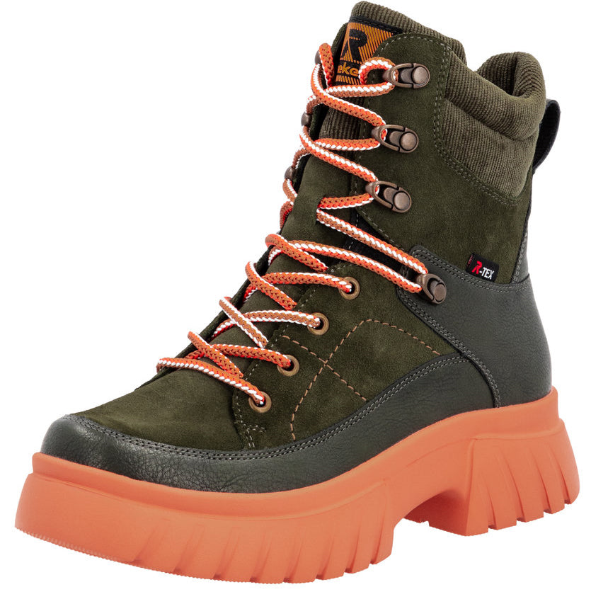 Green ankle-high boot with orange laces and thick orange lug sole.