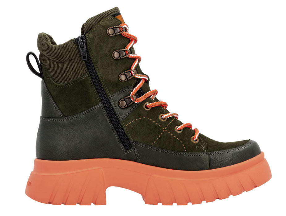 Olive green suede-like ankle boot with orange lug sole and orange and white laces.
