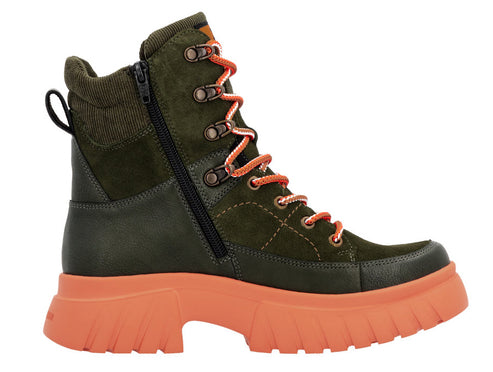 Olive green suede-like ankle boot with orange lug sole and orange and white laces.