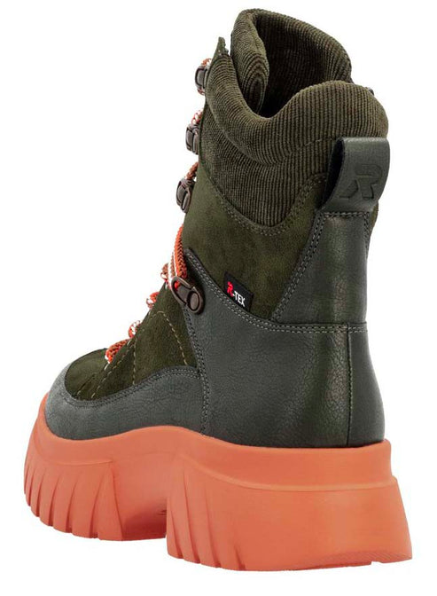 Olive green high-top boot with orange platform soles and orange shoelaces.