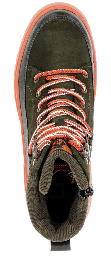 An overhead shot of a dark green hiking boot with orange laces.