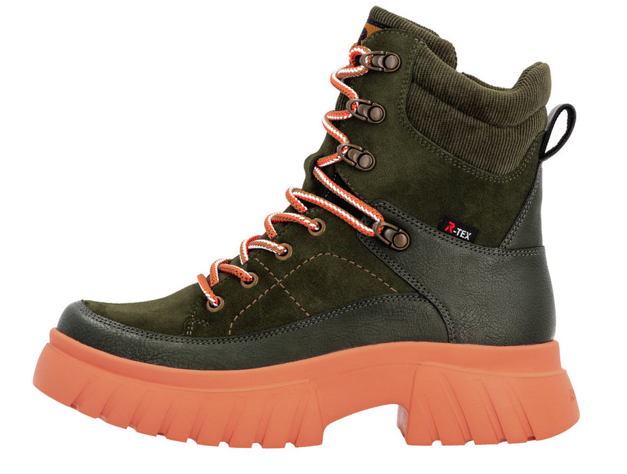 Side view of an ankle-high, green, suede boot with orange laces and a thick, orange lug sole.