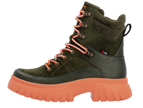 Side view of an ankle-high, green, suede boot with orange laces and a thick, orange lug sole.