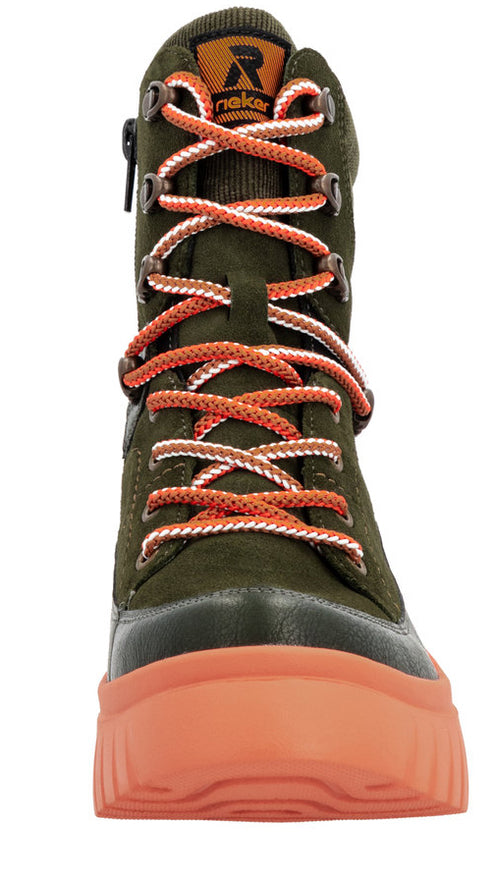 Olive-green boot with orange laces and sole, lace-up design, ankle-high.
