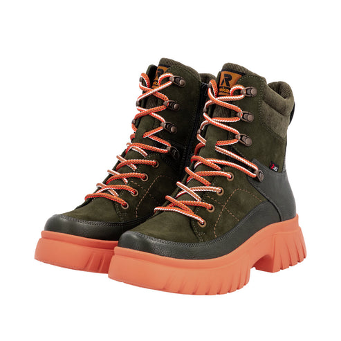 Olive green boots with orange platform soles and orange, white, and red laces.