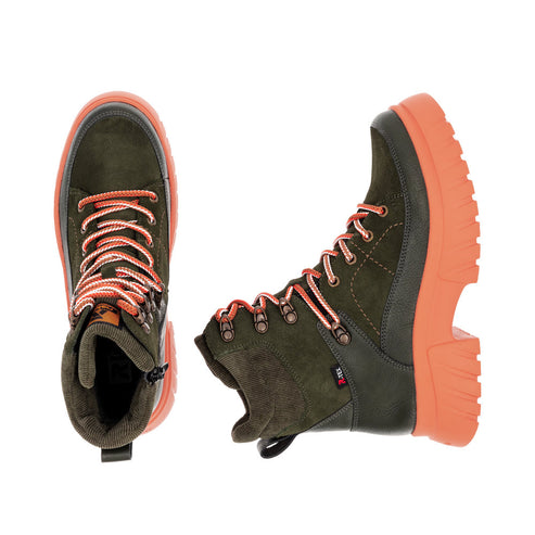 Olive-green, high-top, lace-up boots with orange soles and laces.