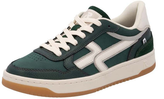 Green and white low-top sneaker with cream colored laces and sole.