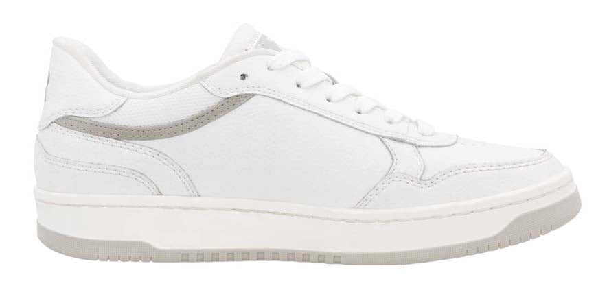 White leather low-top sneaker with gray accent.