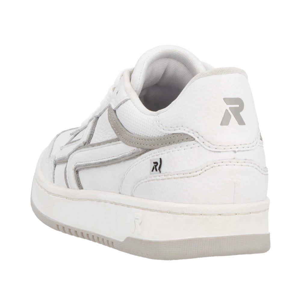 A white sneaker with grey accents, featuring a letter 'R' logo on the side.