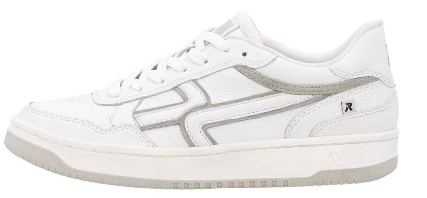 A white sneaker with gray accents.