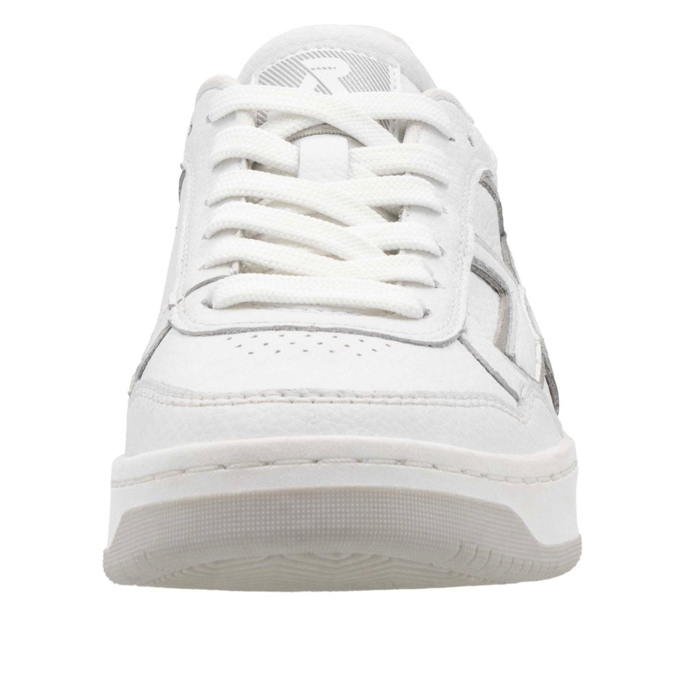 White low-top tennis shoe with a lace-up closure and grey outsoles.