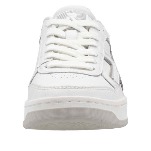 White low-top tennis shoe with a lace-up closure and grey outsoles.