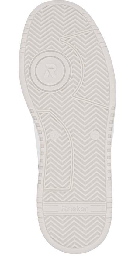 White shoe sole with circular logo and repeating chevron pattern, featuring text 'rieker' at the bottom.