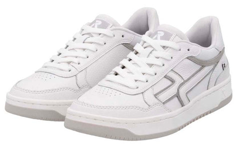 Pair of white athletic sneakers with gray accents.