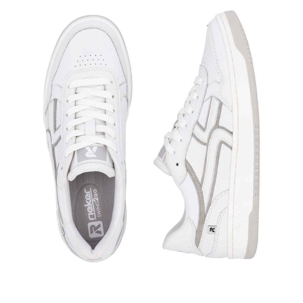 Two white sneakers with gray accents; one is shown from the top view and the other from the side.