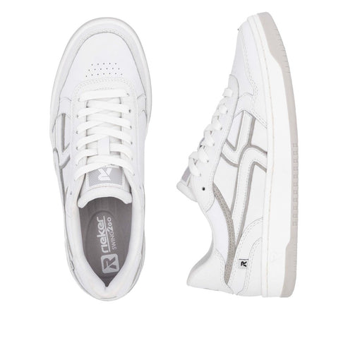 Two white sneakers with gray accents; one is shown from the top view and the other from the side.