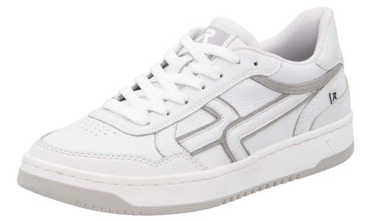 White low-top sneaker with grey accents, laces, and rubber sole.