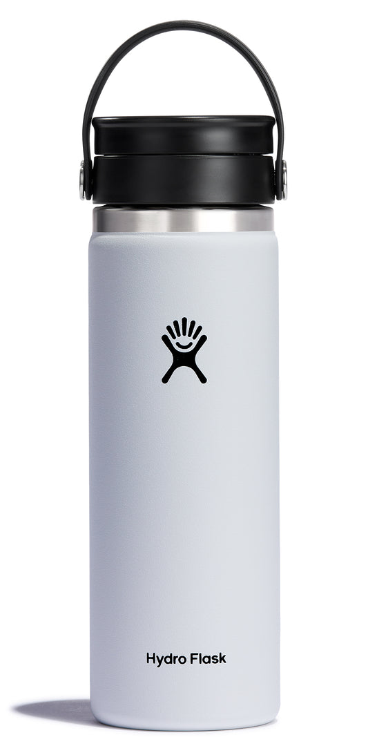 White water bottle with black handle and cap. It has a stick figure logo and text reading "Hydro Flask".