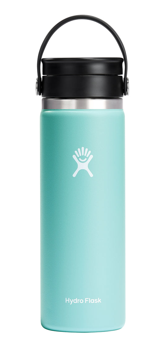 A light-blue water bottle with a black lid and handle, featuring a white logo and the text "Hydro Flask".