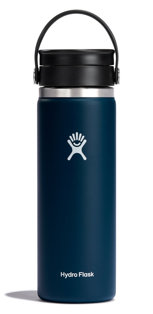 A dark blue Hydro Flask water bottle with a black lid and carrying handle.