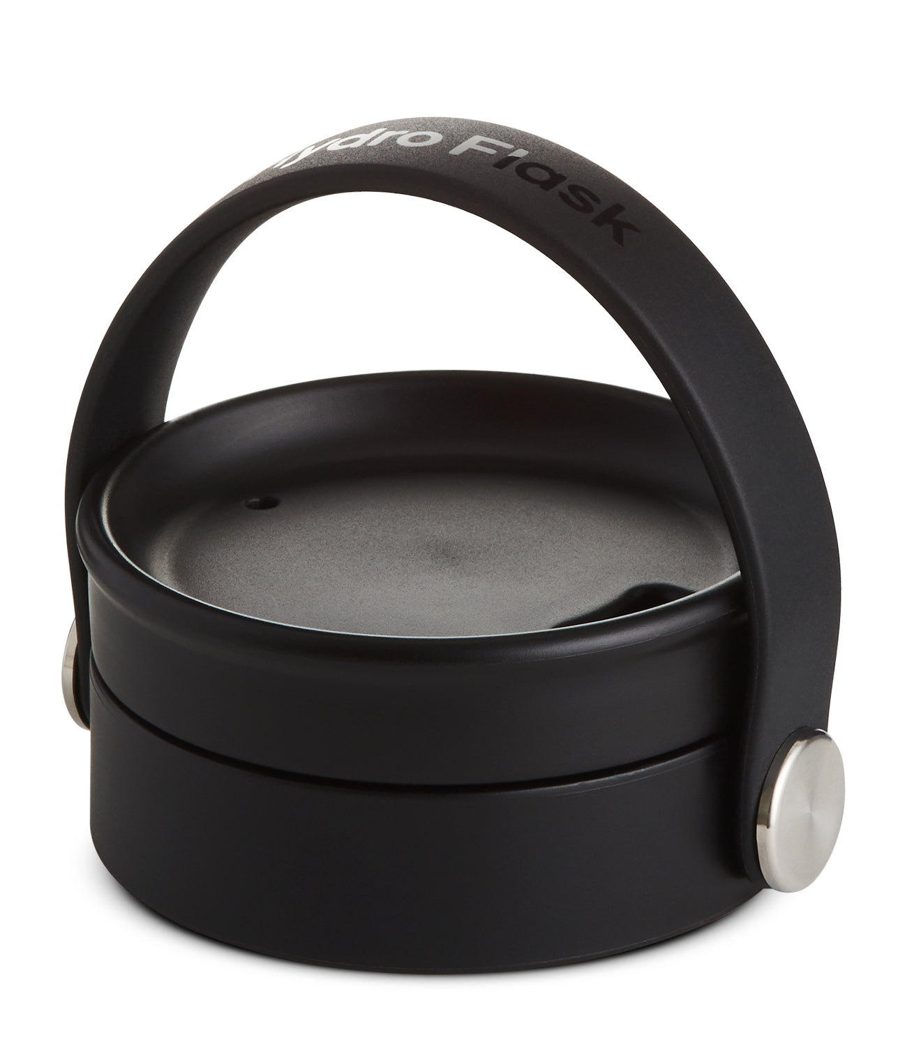 Black water bottle cap with handle, with the text "Hydro Flask" on the handle.