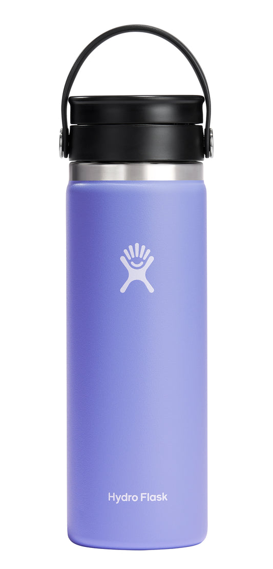 A purple water bottle with a black lid and handle.