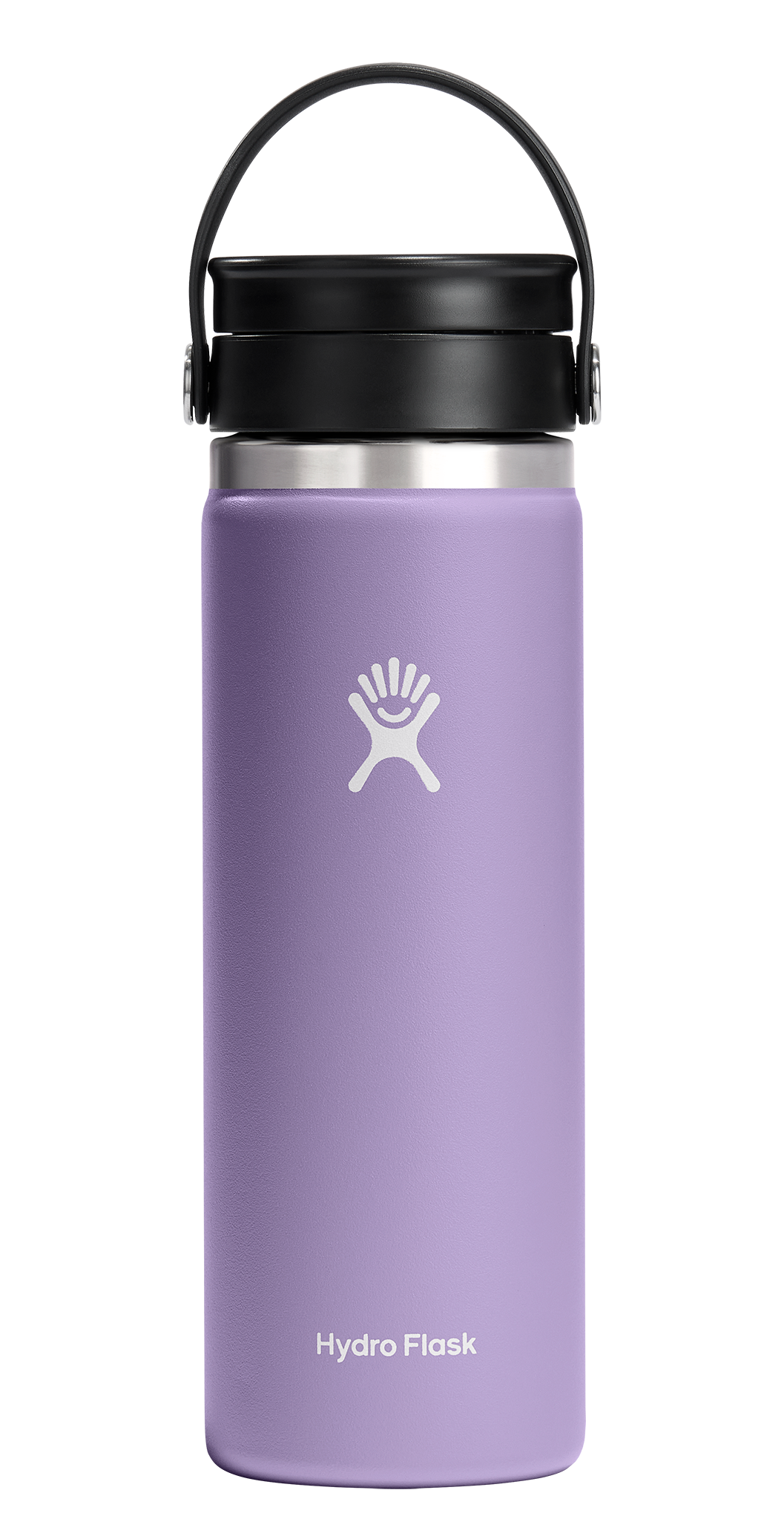 A lilac insulated bottle with a black lid and carry loop, featuring a white logo.
