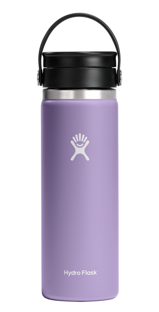 A lilac insulated bottle with a black lid and carry loop, featuring a white logo.