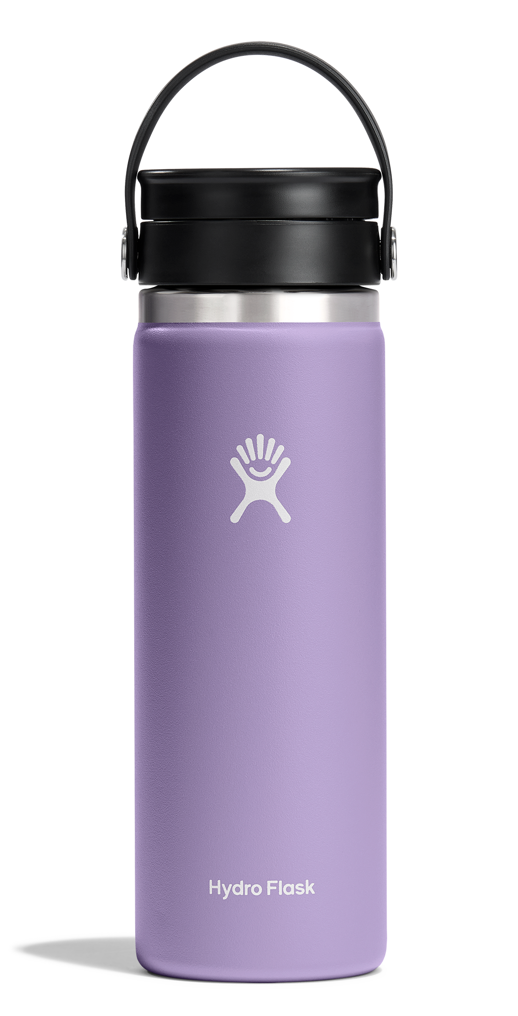 Purple water bottle with white logo and black lid, handle.