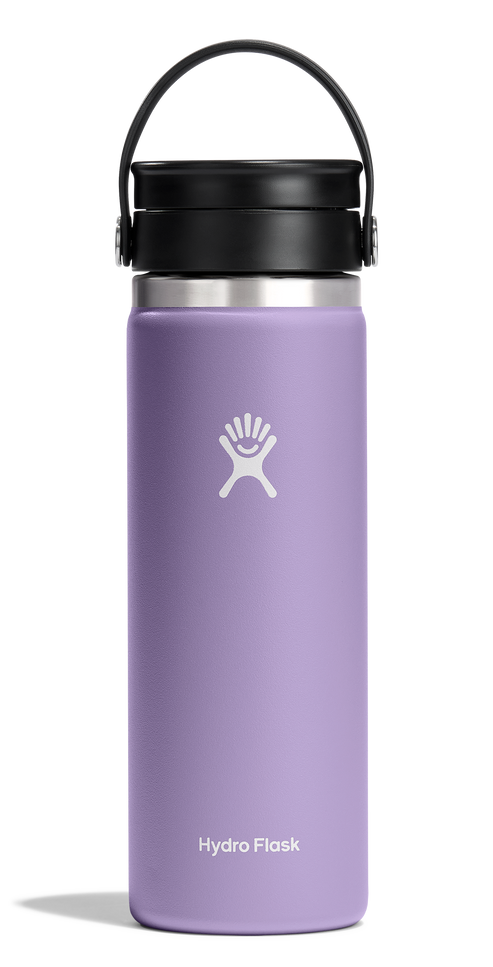 Purple water bottle with white logo and black lid, handle.